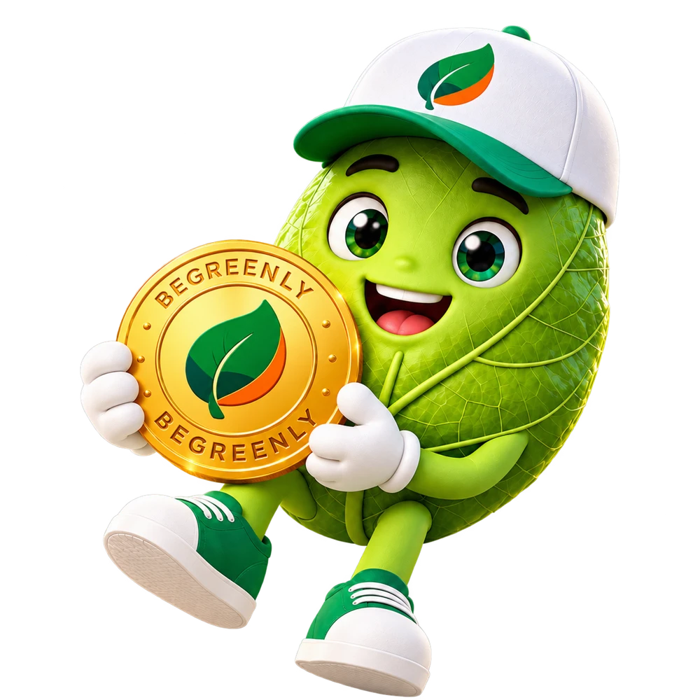 BeGreenly’s leaf mascot holding a gold BeGreenly coin